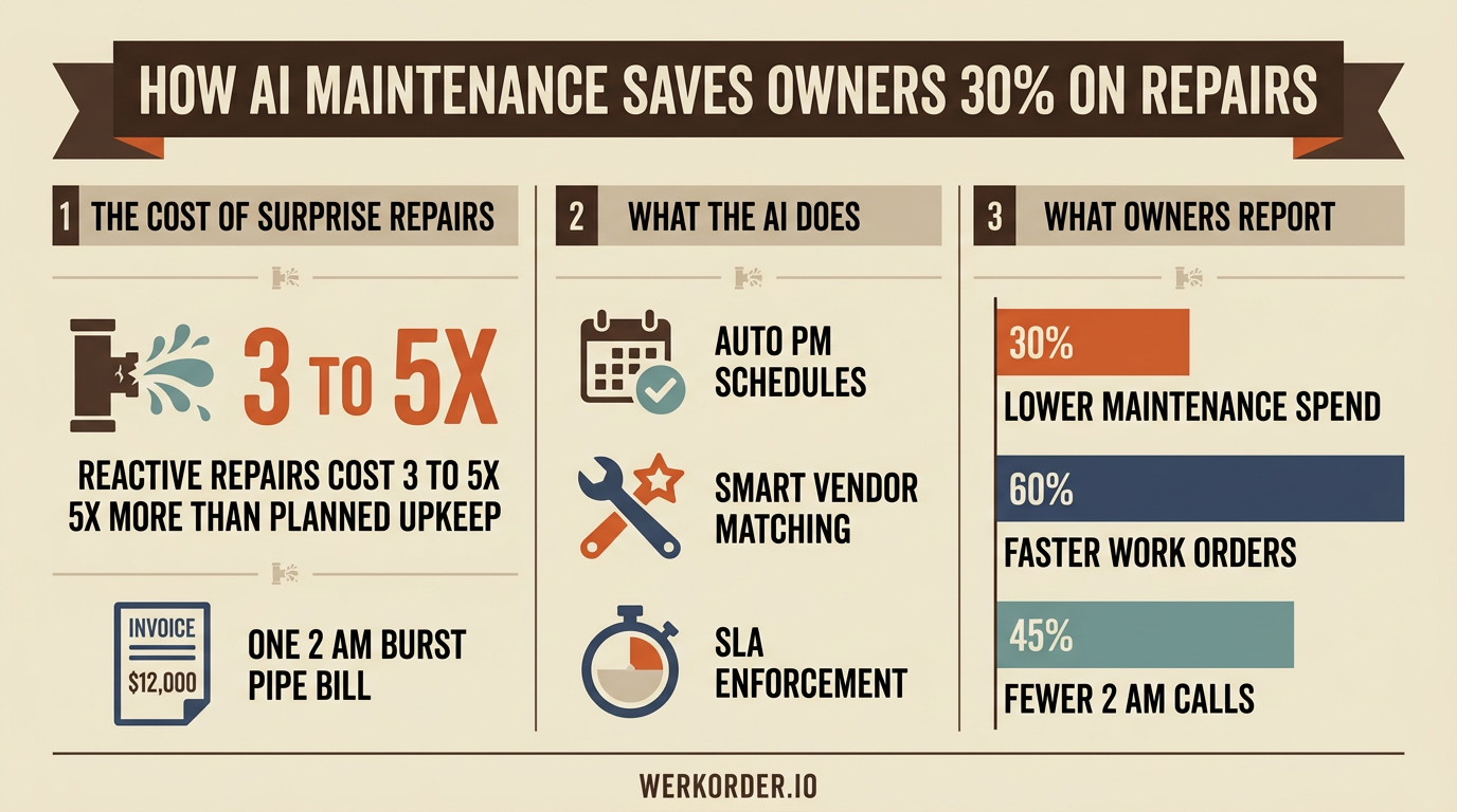Infographic: How AI maintenance saves building owners 30% on repairs — reactive repairs cost 3 to 5x more than planned upkeep; AI provides auto PM schedules, smart vendor matching, and SLA enforcement; owners report 30% lower maintenance spend, 60% faster work orders, and 45% fewer 2 AM calls.