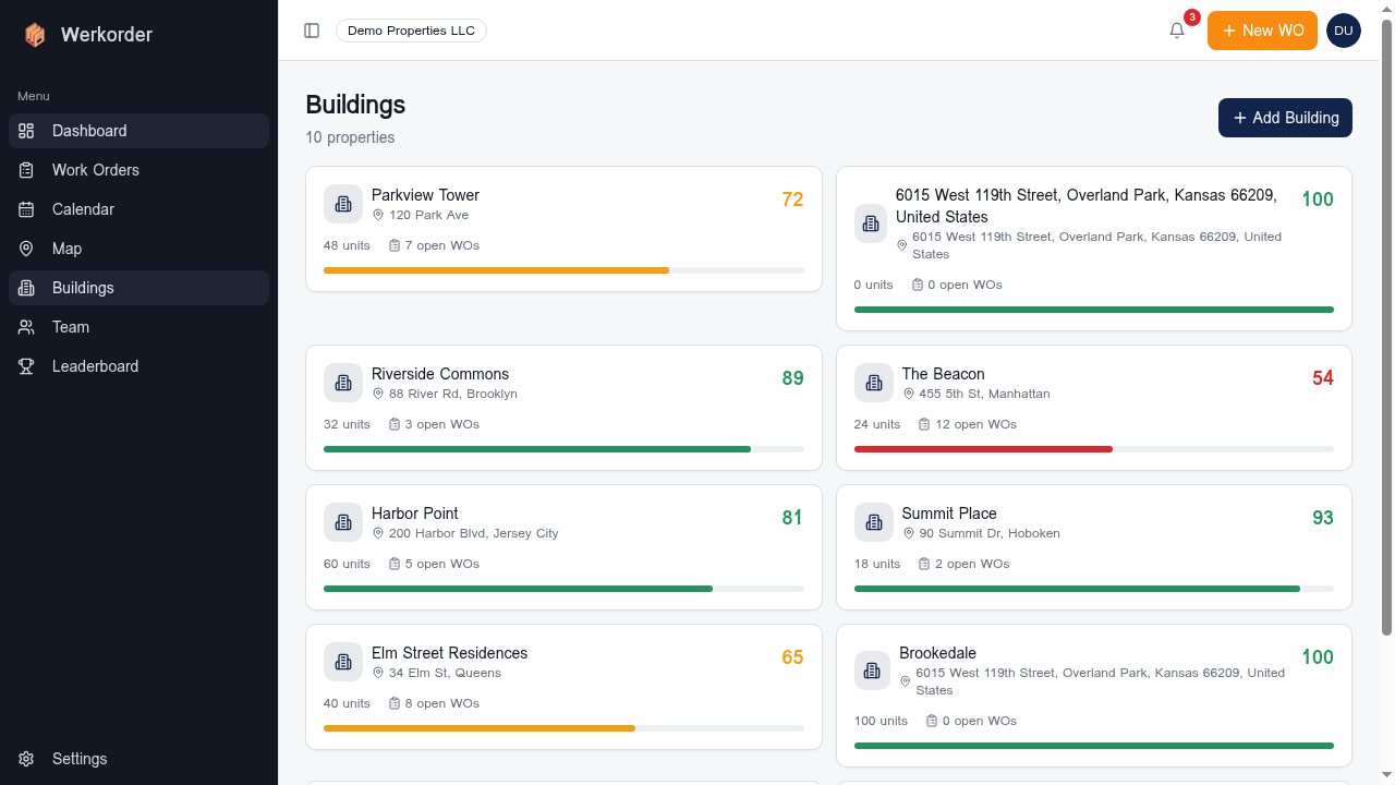 Buildings portfolio view showing health scores across properties