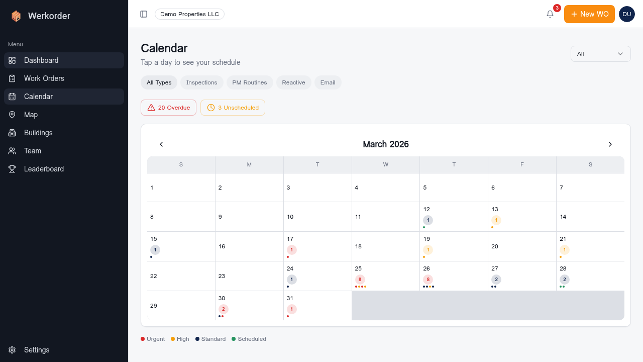 Calendar with scheduled work orders and availability