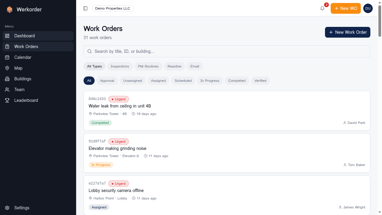 Work orders list with email-created work orders